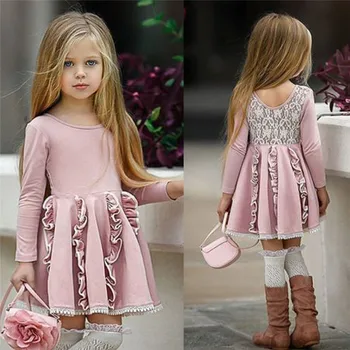 

Lovely Kids Baby Girl Princess Dress Back Lace Patchwork Cotton Dress Girl Long Sleeve High Waist Ruffle Party Tutu Dresses 2-7Y