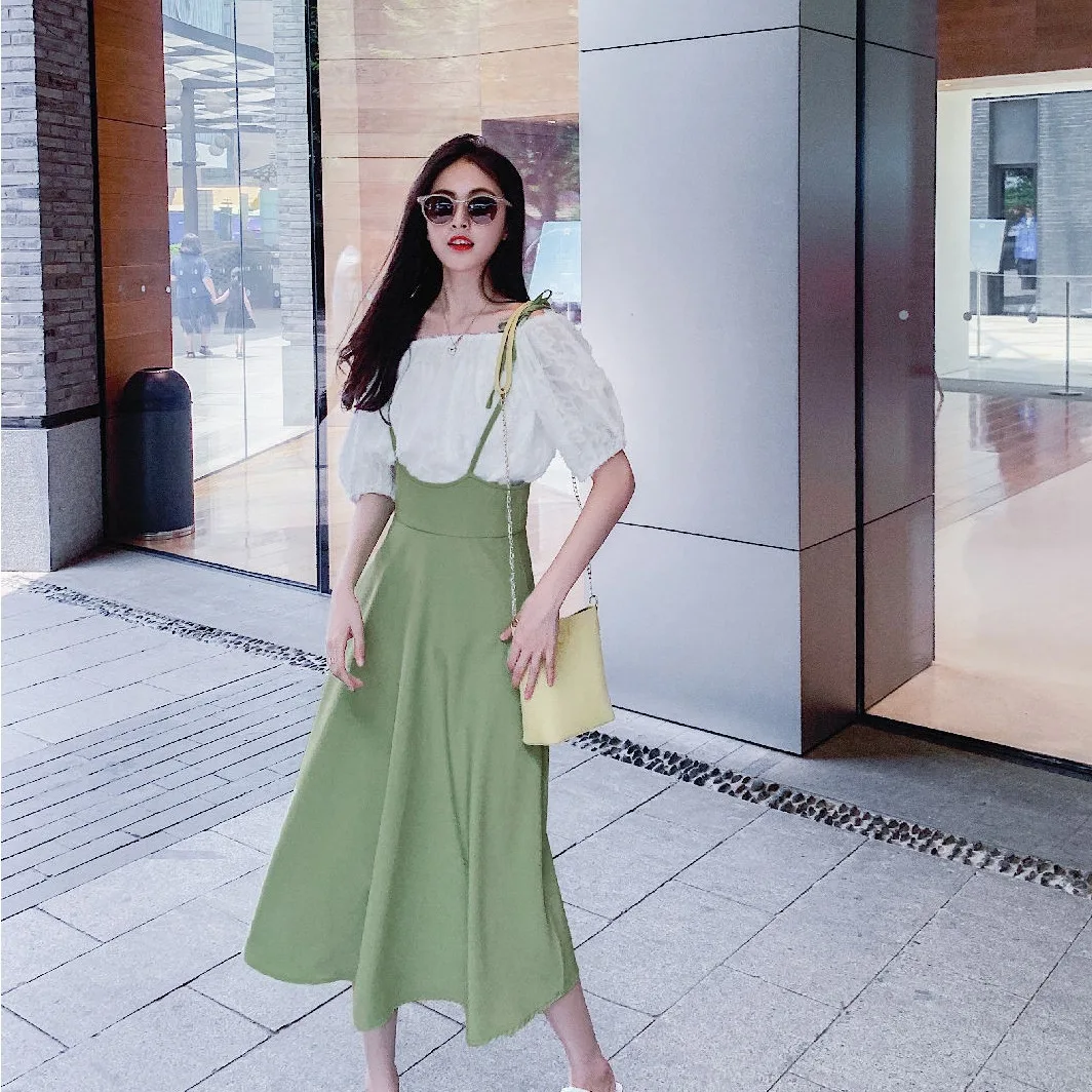 

Photo Shoot INS Sweet Avocado Green High-waisted A- line Suspender Strap Skirt off-Shoulder Feather Tassels Chiffon Blouse WOMEN