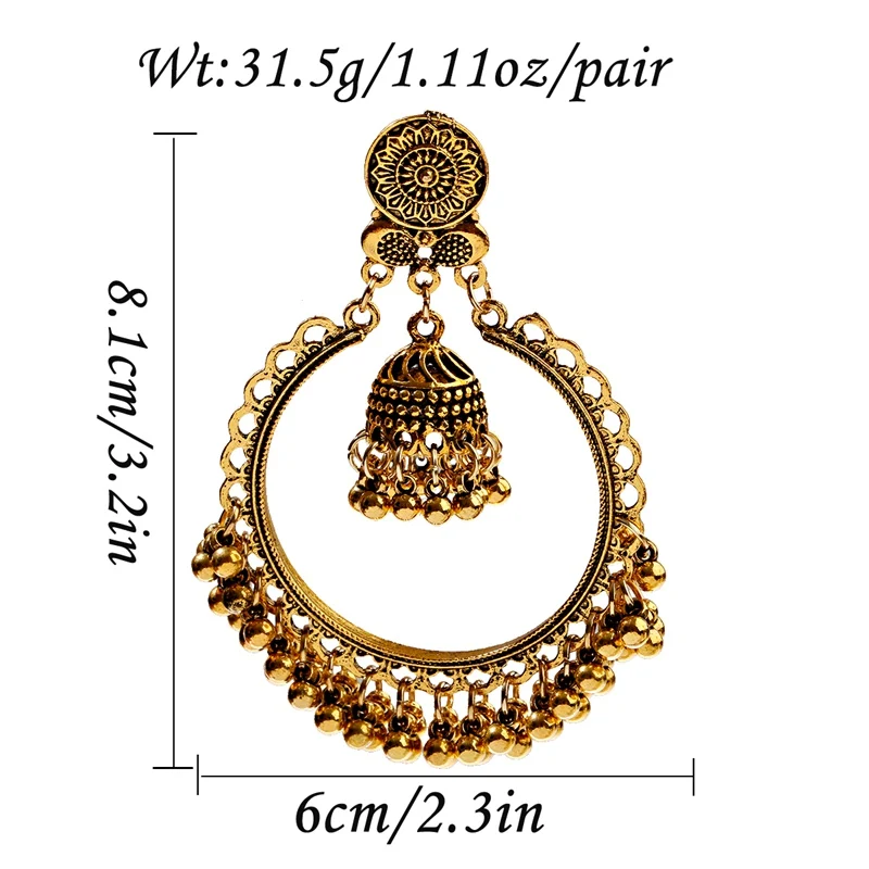 Classic Retro Big Round Gold Color Carved Indian Jhumka Drop Earrings Women's Vintage Bell Tassel Dangling