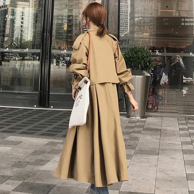 Women Trench Coat Autumn Casual Belt Waist Long Coat Turn Down Collar Long Sleeve Windbreaker Trench Fashion Outwear