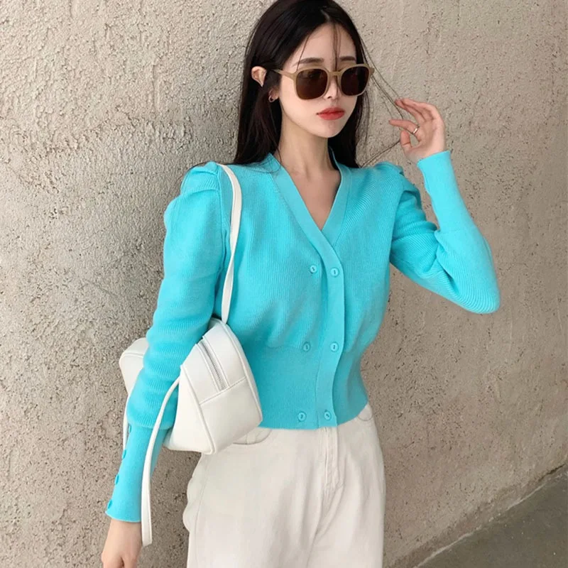 

Solid Color Knit Cardigans Sweater Women V Neck Loose Elegaht Females Casual Coat