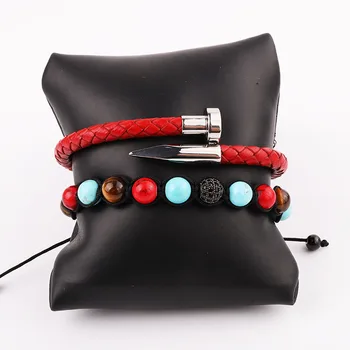 New Design Red Turquoise Natural Stone Tiger Eye Bracelet Real Red Leather Stainless Steel Bracelet Set For Women Men