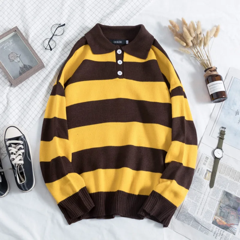 Winter Polo Sweater Men Warm Fashion Contrast Color Casual Striped Sweter Knit Clothes Sweater Man Loose Long-sleeved Pullover
