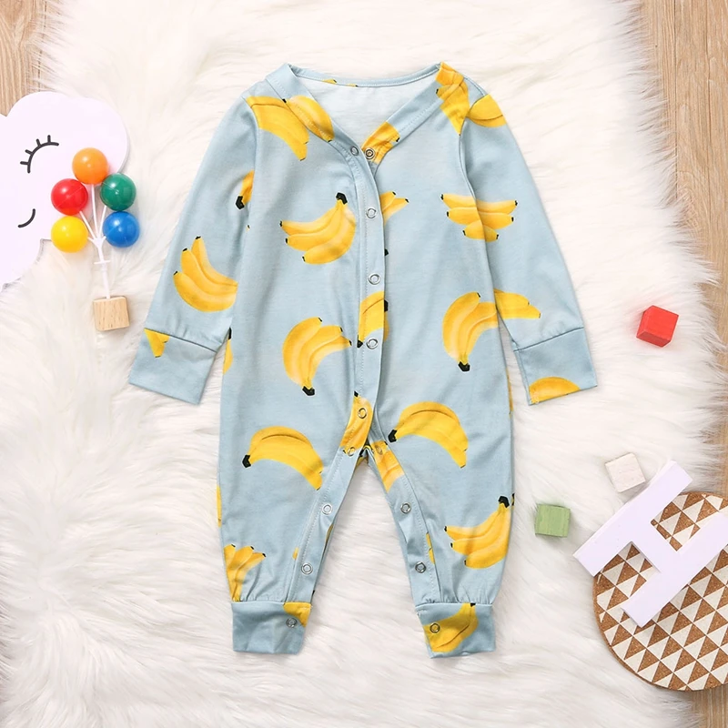 Комбинезон для мальчиков и девочек с изображением банана; Осенний комбинезон с длинными рукавами и рисунком; мягкие пижамы для новорожденного мальчика; Одежда для девочек; комбинезоны