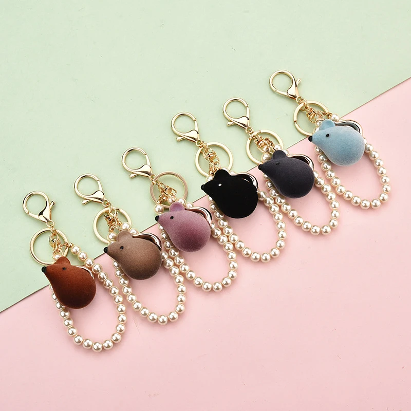 Fat Cute Cartoon Faux Short Plush Mouse Keychain Korean Personality Pearls Chain Couple Gift Keyring Holder Bag Pendant Rat