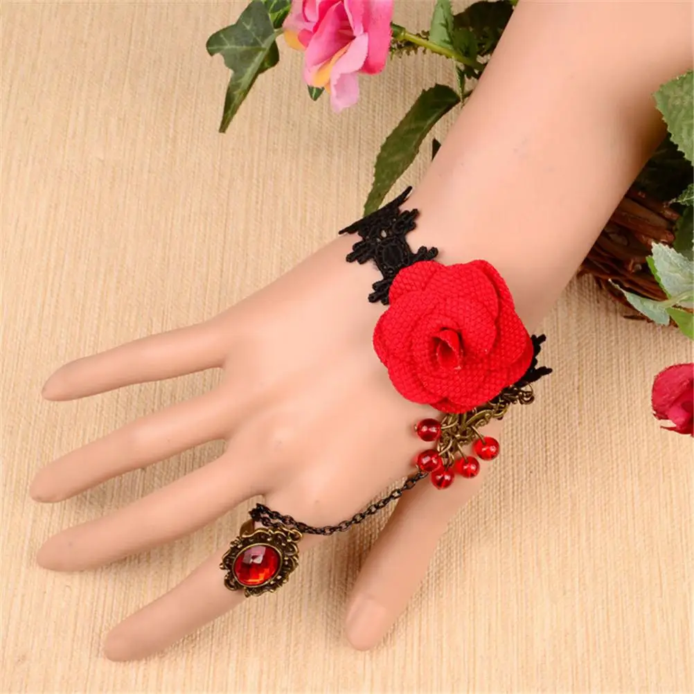 Red Flower Lace Charm Bracelet For Women Fashion Vintage Romantic Wedding Elegant Bracelet