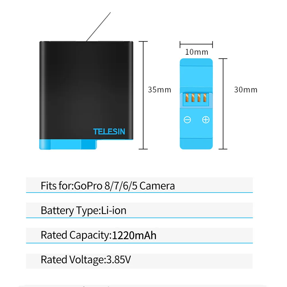 Espaços para Câmera Preta com Armazenamento Telesin-bateria com 3 Bateria de 1220mah tipo c para Gopro Hero Cor Carregador 5 6 7 8 - Image 6