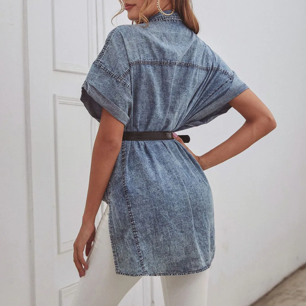 Retro Denim Blouse Fashion Pocket Short Sleeve Blouse Irregular Hem Loose Casual High Street Chic Womens Tops Leisure Blouses