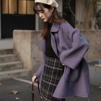 Women Wool Blends Sweet Elegant Purple Coats All match Keep Warm Sashes Turn down Collar