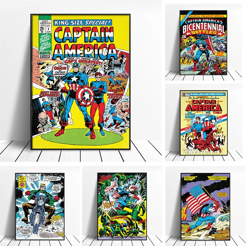 Captain America Poster Marvel Vintage Comic Book Print Picture Wall Decoration Art Canvas Painting for Children's Room Cuadros | Дом и сад