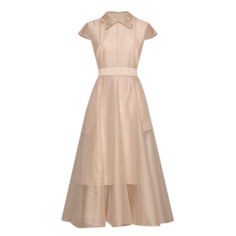 

2019 New Summer Dress with Flipped Collar and Puffy Air-permeable Mesh Pocket