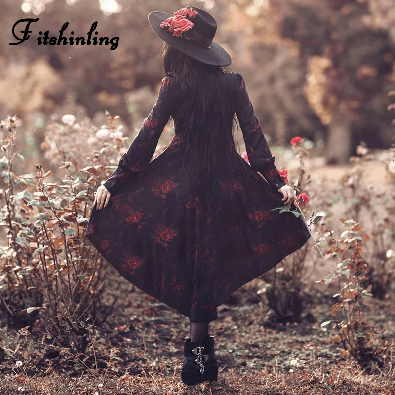 

Fitshinling Rose Print Gothic Shirt Dress Irregular Long Sleeve 2020 Dark Vestidos Grunge Harajuku Spring Dresses For Women New