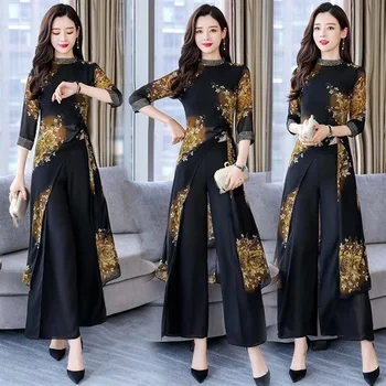 

Spring Summer Chiffon Floral Print 2 Two Piece Sets Women Long Blouses Top Wide Leg Pants Suits Vintage Office Ladies Outfits