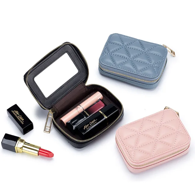 Genuine Leather Ladies Lipstick Bag EDC Earphone Organizer Coin Wallet Excellent Leather Mini Makeup Case Mirror