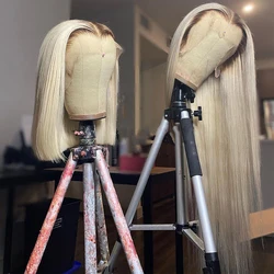Short Straight Human Hair Wig 613 Blonde Bob Wig for Women Virgin Hair 150% Density #4 Roots 13x4 Lace Frontal Wig Pre Plucked