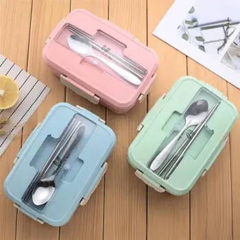

1100ml Wheat Straw Food Container Portable Lunch Box Thermal Microwave Oven Partition Food Box with Cutlery