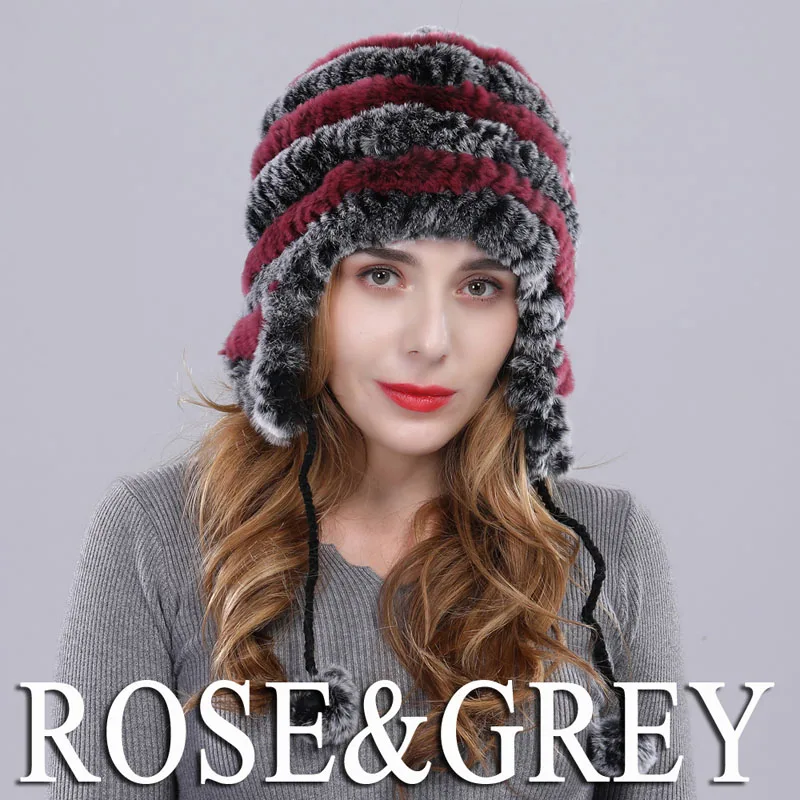 Новое поступление, Женский Настоящий мех кролика, шапка, теплые зимние шапки с поясом, брендовая модная Натуральная меховая заколка - Цвет: ROSE GREY