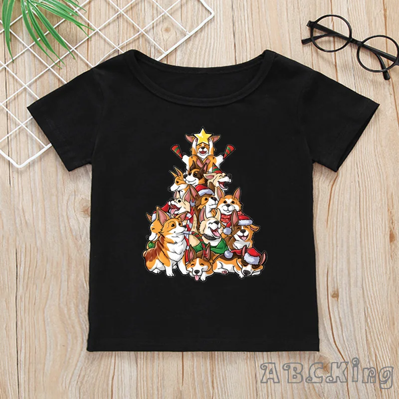 Детская футболка с принтом «Веселая Рождественская елка, собака» Забавные топы с Мопсом/бульдогом для мальчиков и девочек, детская черная футболка HKP5335