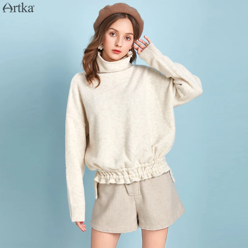 

ARTKA 2019 Autumn Winter New Women Wool Sweater Multicolor Casual Loose Turtleneck Sweater Waist Drawstring Sweaters YB11692Q