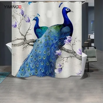 

Beautiful blue peacock shower curtain polyester waterproof home decoration curtains washable shower curtain with hook 200x180cm