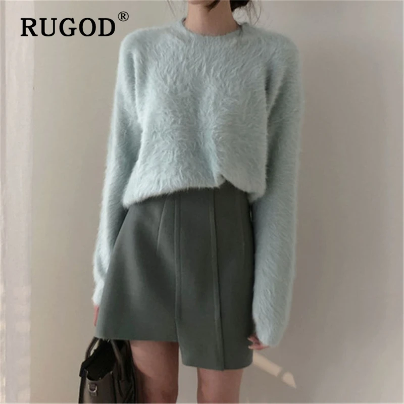 RUGOD кашемировый вязаный женский свитер элегантный круглый вырез длинный рукав теплый зимний свитер женский корейский шикарный однотонный трикотаж