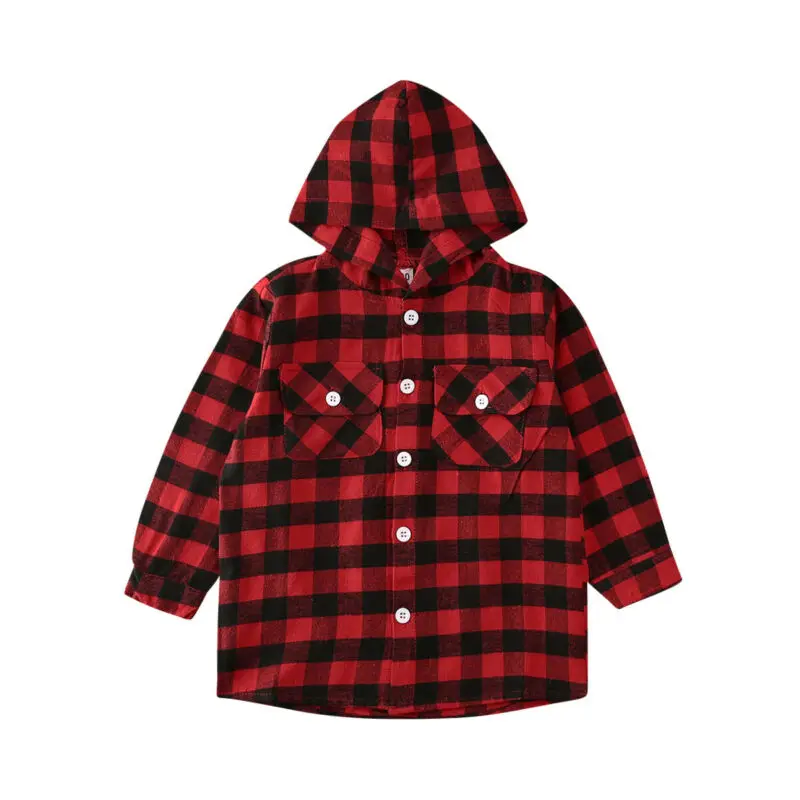  2020 3-5Y Baby Kid Girl Boy Hooded Coat Jacket Outwear Button Christmas Shirt Red Plaid Fall Long S