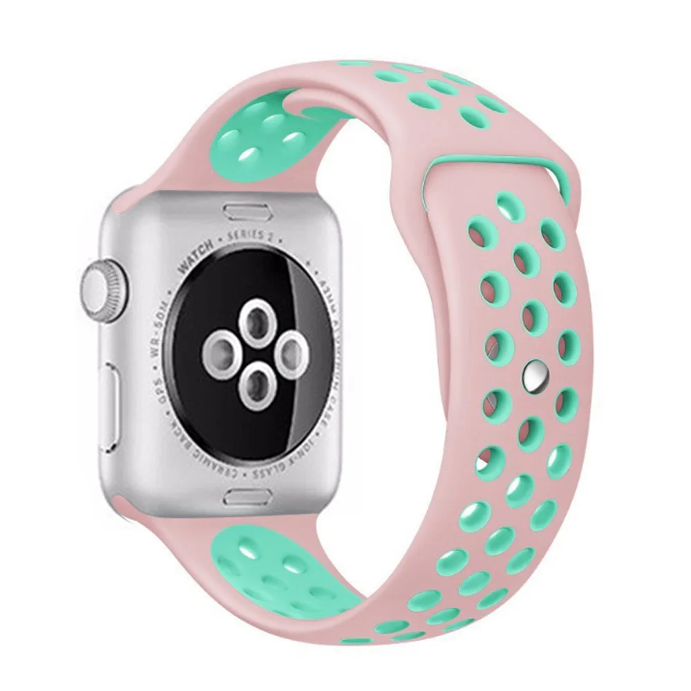 High quality 42mm 38mm 40mm 44mm strap for iphone watch band sports link Bracelet for Apple Watch band Silicone series 5 4 3 2 1 - Цвет ремешка: Pink with green