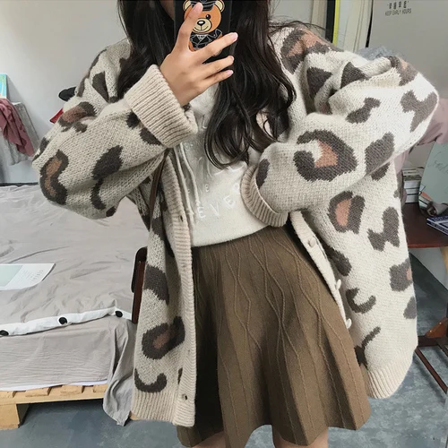 light coffee color Woherb/Корейский модный женский свитер с v-образным вырезом и длинным рукавом, леопардовый кардиган, пальто, повседневные свободные винтажные вязаные топы, трикотаж 90844 - Цвет: light coffee color