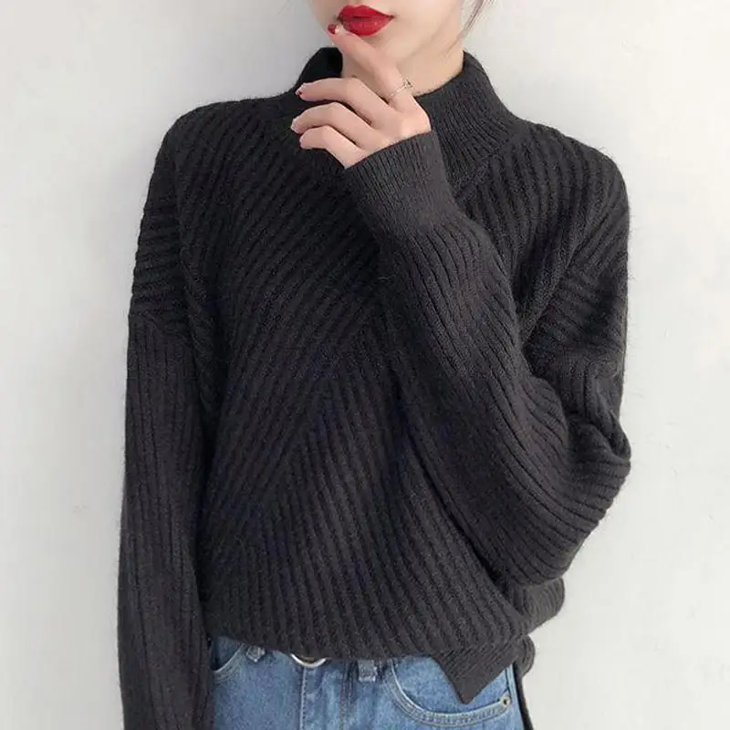 DSstyles, стиль, Свободный пуловер, полувысокий воротник, круглый вырез, Женский вязаный свитер, чистый цвет, диагональные полосы, джемпер - Цвет: Black