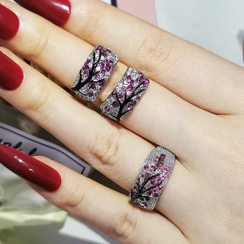 2pcs Pack 2021 New Luxury Fashion Black Pink Branch Tree 925 Sterling Silver Jewelry Set For Women Party Gift Wholesale J6165 1