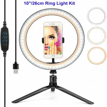 

10inch Photography LED Selfie Ring Light 26CM Dimmable Camera Phone Ring Lamp With Table Tripods For Makeup Video Live Studio