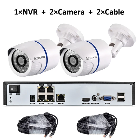 NVR 2Camera 2cable AZISHN 4CH 1080P HDMI 48 в POE 2MP NVR CCTV камера системы наружная безопасность 720P IP камера P2P система видеонаблюдения NVR комплект - Цвет: NVR 2Camera 2cable