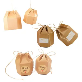 

50pcs/pack Kraft Paper Candy Gift Boxes Hexagon Sweet Packing Box with Hemp Rope