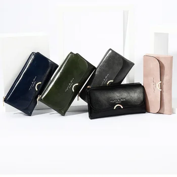 

New fashion oil wax leather mobile phone wallet large capacity handbag women leisure long women wallet free of shipping