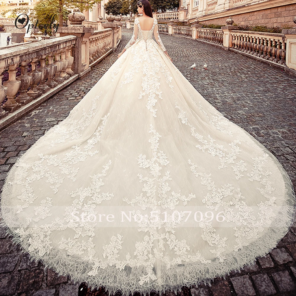 Optcely Robe De Mariee, винтажное бальное платье с круглым вырезом цвета шампанского с длинным рукавом, свадебное платье, аппликация, расшитое бисером, свадебное платье со шлейфом