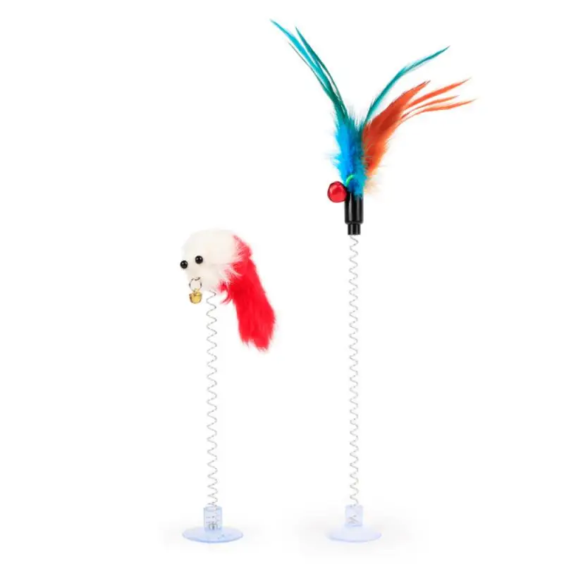 Interesting elastic color mouse and feather bottom sucker pet cat toy Pet supplies (two colors are random)