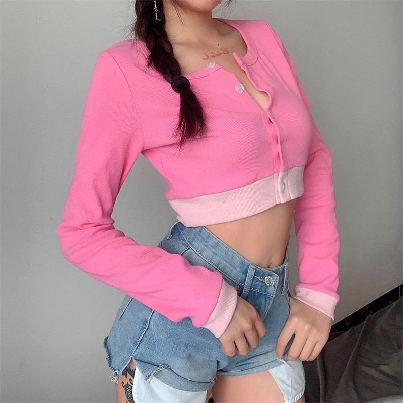 IAMSURE Contrast Color Cute Fitness Long Sleeve Blouse For Women Korean Streetwear Fashion Casual Female Crop Tops Shirts