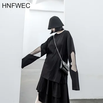 

Women Mesh Spliced Loose Fit Big Size T-shirt New Round Neck Long Sleeve Fashion Tide Spring Autumn 2020 T411