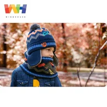 Детская зимняя шапка и шарф в южнокорейском стиле для мальчиков, шарф с динозавром из мультфильма, вязаная теплая шапка для шеи, детская зимняя шапка из плотного флиса с ушками