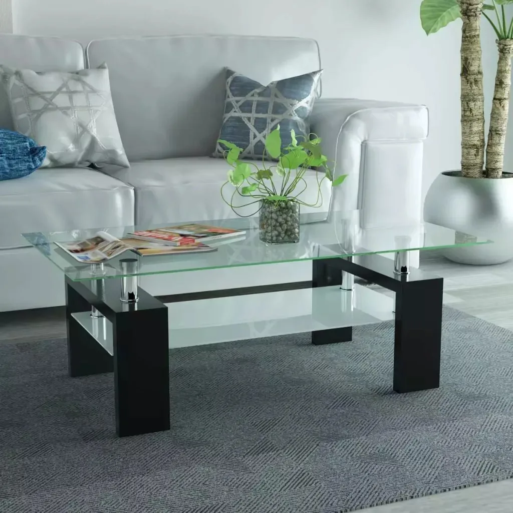 

vidaXL High-Gloss Coffee Table with Lower Shelf 110x60x40 cm Black Living Room Furniture with tempered safety glass