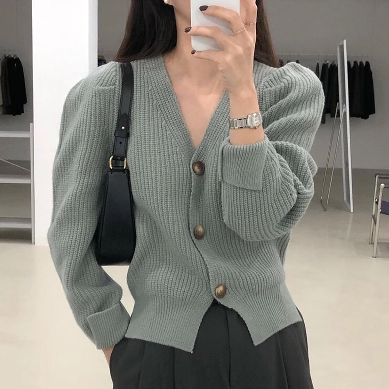 

ZCSNMLL Slimming pullovers V-neck Loose Casual Solid Color Long-sleeved Knitted Cardigan Sweater Women 2020 autumn winter