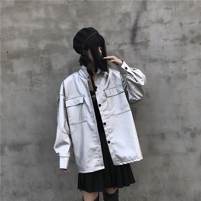 Женская куртка Neploe из искусственной кожи Harajuku, серебряная кожаная верхняя одежда унисекс, мотоциклетная куртка с цепочкой в стиле хип-хоп, кожаные куртки 55462