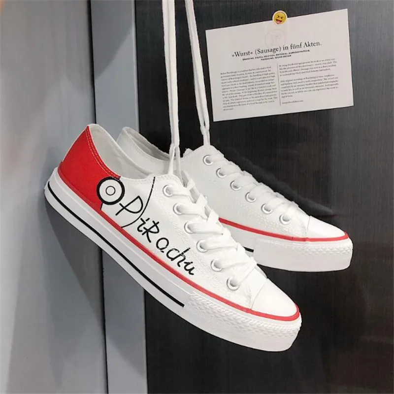 Pokemon White Low Anime Pikachu Pokemon Cartoon Plimsolls Cosplay Canvas Shoes Caricature Fashion Student Dunk High Black White Scrawl Board Shoes - Цвет: Pokemon White Low