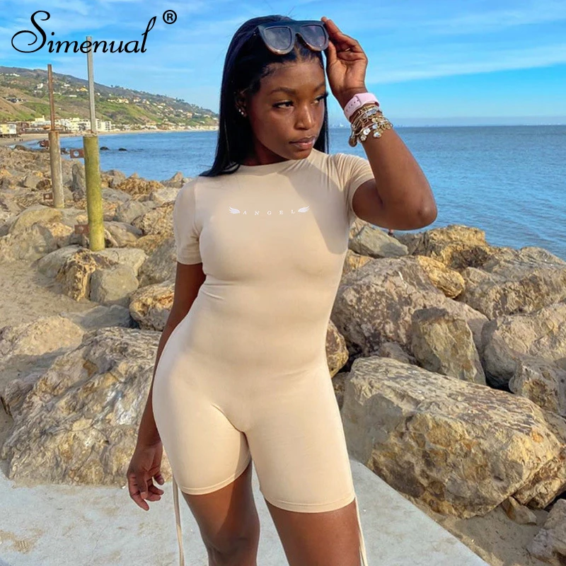 

Simenual Casual Drawstring Skinny Workout Rompers Women Short Sleeve Sporty Biker Shorts Playsuit Letter Print Active Wear Slim