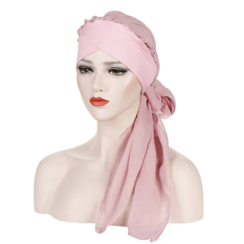 Шифоновая женская шляпа мусульманская гофрированная раковая шапка Хемо шарф Тюрбан два хвоста шапка повседневная одежда одноцветная