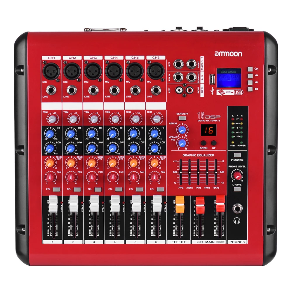 

ammoon PMR606 6-Channel Digital Audio Mixer Mixing Console with Power Amplifier Function 48V Phantom Power USB Interface
