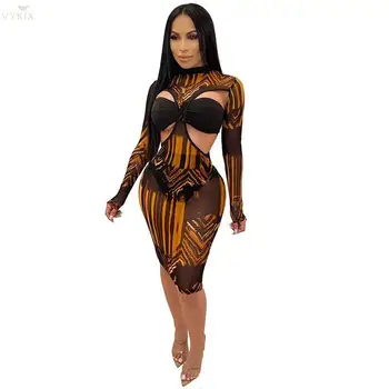

New Suit-dress Mesh Gauze Three-pieces Sexy Dress Hollow Out Leopard Dress Printing Party Dress Night Club Outfits Midi Dress
