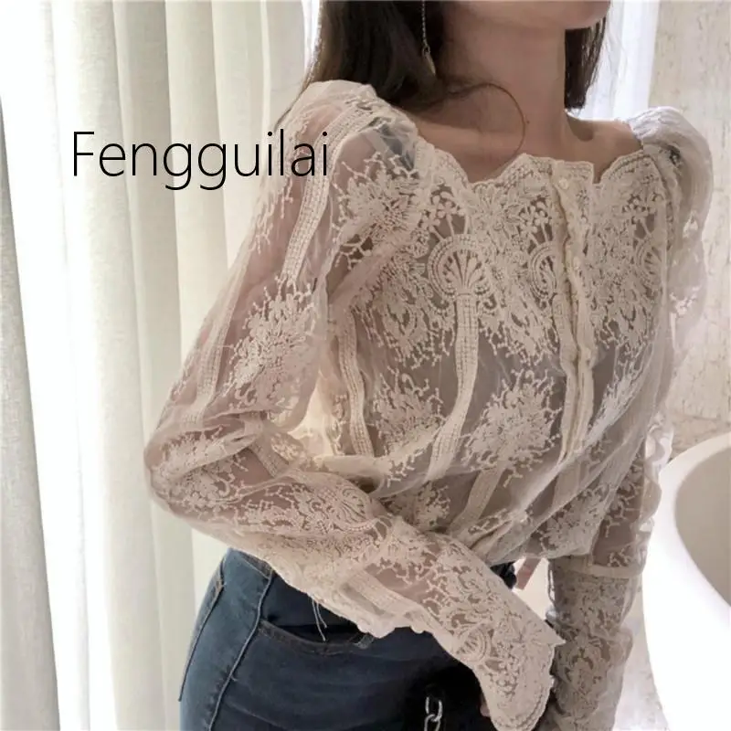 

2020 New and High quality Slash-Neck collar Hook Mesh Pearls Shirts Strapless Lace bottoming shirt long-sleeve Gauze Stitching B