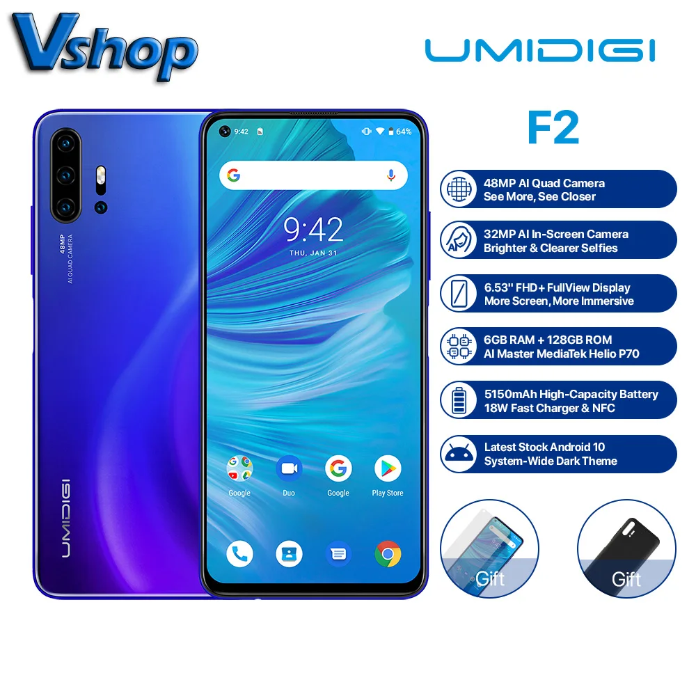 Смартфон UMIDIGI F2 с глобальной версией 6,5" FHD 6 ГБ 128 ГБ 48MP AI Quad camera 32MP Selfie Helio P70 5150 мАч NFC Android 10