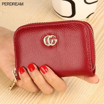 

European and American leather zipper organ card case simple lychee pattern first layer cowhide credit card package change